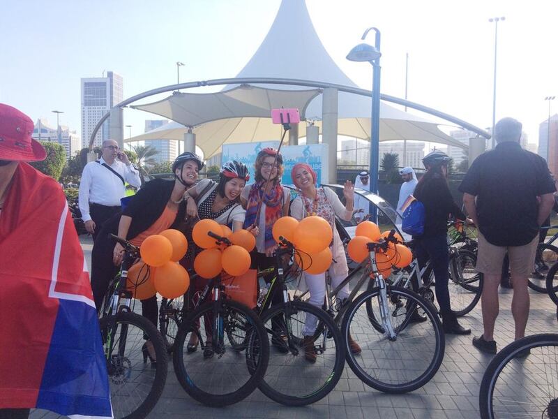 Riders from the Dutch Embassy at the EU embassies #cycletoworkuae event in Abu Dhabi. Mona Al Marzooqi / The National