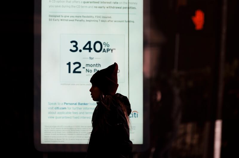 A sign shows interest rates at a bank in New York. Personal savings in the US as a share of disposable income have hit the lowest level since the 2008 global financial crisis. EPA