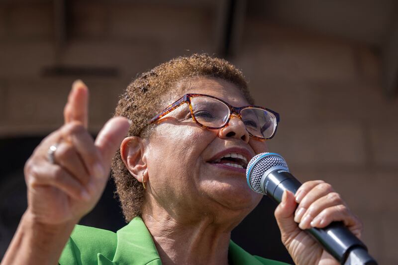 LA mayoral candidate Karen Bass addresses the Women's March Action Rally for Reproductive Rights at Mariachi Plaza on Sunday. AFP