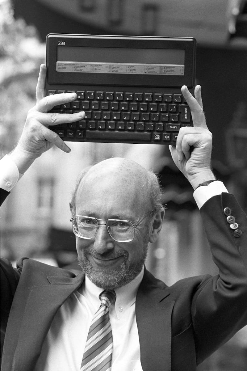Sir Clive Sinclair with his new computer, the Z88, which came to market in 1987 priced at £287.50. PA