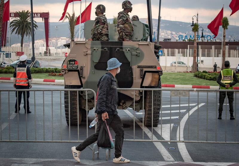 Moroccan soldiers patrol the city of Tangiers amid a new outbreak of the coronavirus.  AFP