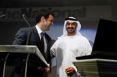Abu Dhabi - April 16, 2008 -  From left: Martin Newland, Editor-in-Chief of The National,  His Highness General Sheikh Mohammed Bin Zayed Al Nahyan, Crown Prince of Abu Dhabi, Deputy Supreme Commander of the Armed Forces and Chairman of the Abu Dhabi Executive Council, attend the launch of The National, the UAEÕs new quality English language national newspaper at the Emirates Palace Hotel. ( Philip Cheung / The National ) *** Local Caption *** PC002-TheNational.jpg