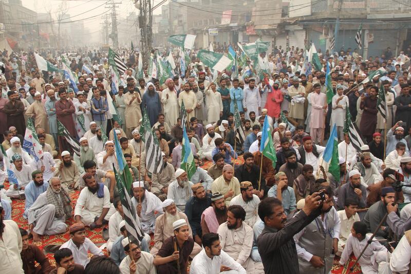 Supporters of Islamic political party Ahle Sunnat Waljamaat shout slogans during a protest, a day after the Supreme Court acquitted Asia Bibi, a Christian accused of blasphemy, and annulled her death sentence for allegedly insulting the Prophet Muhammad in 2009, in Sargodha, Pakistan. Radical Islamist groups protested on 01 November, in a number of Pakistan cities against the Supreme Court's decision to overturn the death sentence of Christian woman Asia Bibi, who had been convicted in 2010 of blasphemy.  EPA