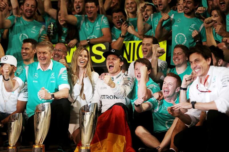 Nico Rosberg of Germany and Mercedes-GP celebrates winning the world championship. Christopher Pike / The National