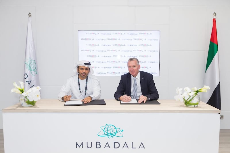 Strata Manufacturing chief executive Ismail Abdulla (left) and Premium Aerotec chief executive signing a five-year supply agreement at the 2019 Dubai  Airshow. Courtesy Strata Manufacturing