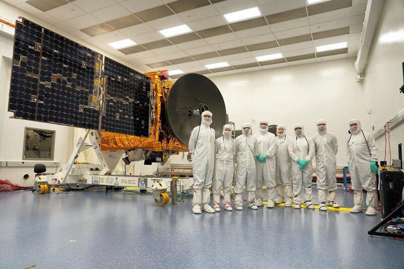 Emirati engineers with the Hope probe in the clean room at the Mohammed bin Rashid Space Centre headquarters. Courtesy: MBRSC
