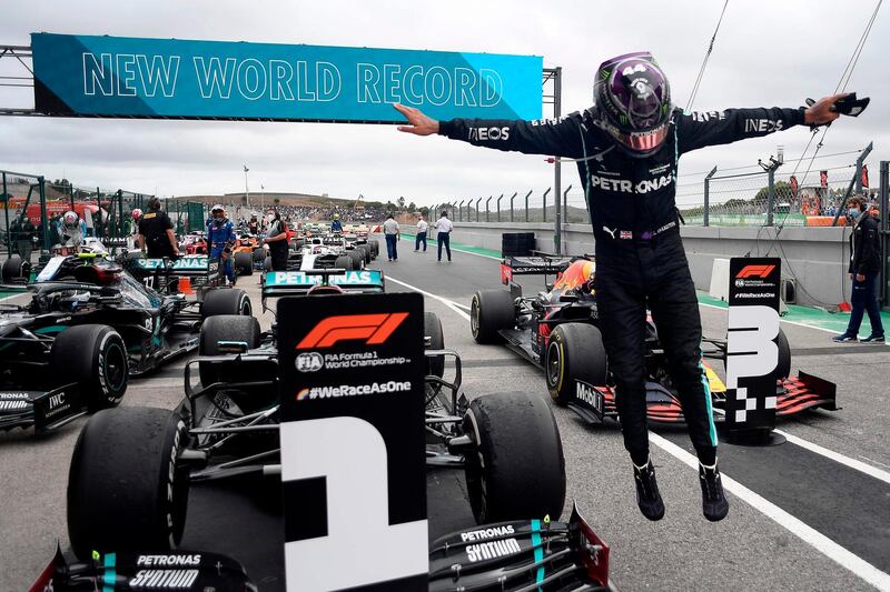 Lewis Hamilton celebrates his win. AFP