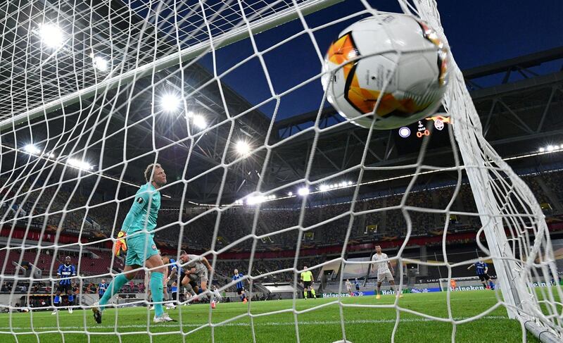 Shakhtar Donetsk's Andriy Pyatov looks on after Lautaro Martinez scored Inter Milan's first goal in their 5-0 Europa League semi-final triumph. Reuters