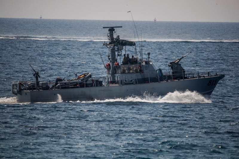 An Israeli naval vessel on patrol in the Mediterranean near the Lebanese border yesterday. US-mediated talks about the countries' maritime boundaries began in 2020, but have made little progress. Photo: EPA