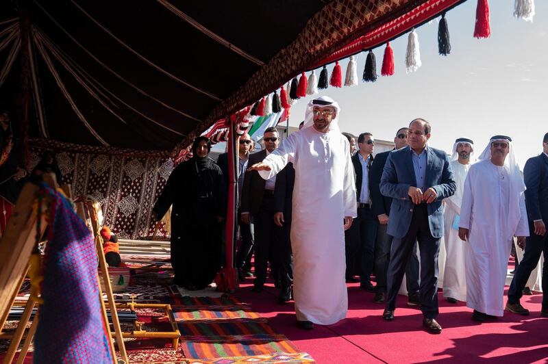 Sheikh Mohamed bin Zayed, Crown Prince of Abu Dhabi and Deputy Supreme Commander of the Armed Forces, and President Abdel Fattah El Sisi of Egypt tour Sharm El Sheikh Hertiage Festival on Wednesday. Courtesy Sheikh Mohamed bin Zayed Twitter