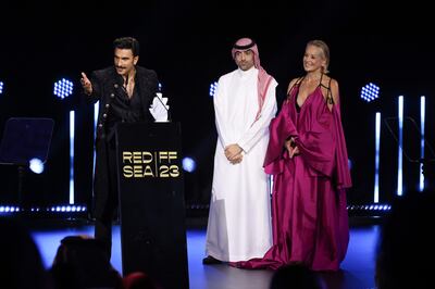Ranveer Singh received an award from Red Sea International Film Festival chief executive Mohammed Al Turki and Sharon Stone. Photo: Red Sea International Film Festival