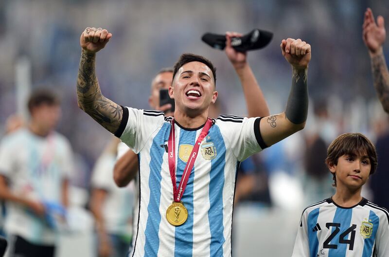 Argentina's Enzo Fernandez celebrates after beating France in the World Cup final at Lusail Stadium in Qatar, on December 18, 2022. PA