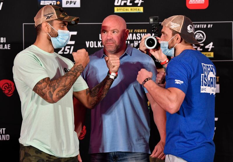 ABU DHABI, UNITED ARAB EMIRATES - JULY 10: (L-R) Opponents Elizeu Zaleski dos Santos of Brazil and Muslim Salikhov of Russia face off during the UFC 251 official weigh-in inside Flash Forum at UFC Fight Island on July 10, 2020 on Yas Island Abu Dhabi, United Arab Emirates. (Photo by Jeff Bottari/Zuffa LLC)