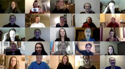 A screenshot shows choir Sola rehearsing online using a Zoom platform in Riga, Latvia April 14, 2020. Screenshot taken April 14, 2020. REUTERS/Janis Laizans