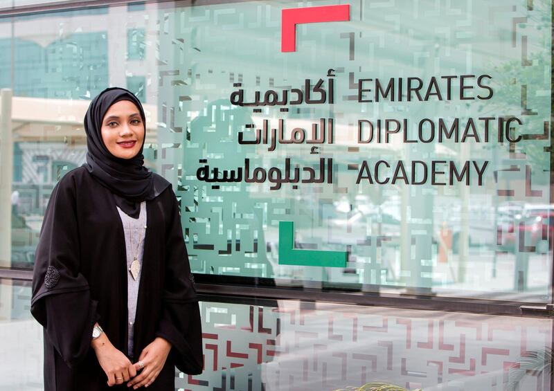 ABU DHABI, UNITED ARAB EMIRATES, 17 APRIL 2018 - Jawaher Al Muhairi at the Emirates Diplomatic Academy, Abu Dhabi. (Leslie Pableo for The National)