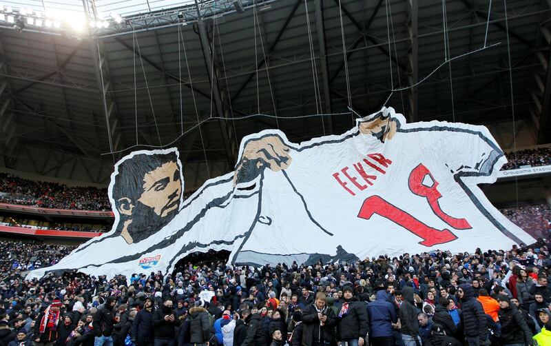 Lyon football fans display a banner of their French attacker Nabil Fekir before their derby match against St Etienne match. Emmanuel Foudrot / Reuters
