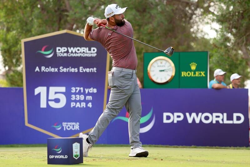 Jon Rahm plays his shot from the 15th tee. Getty