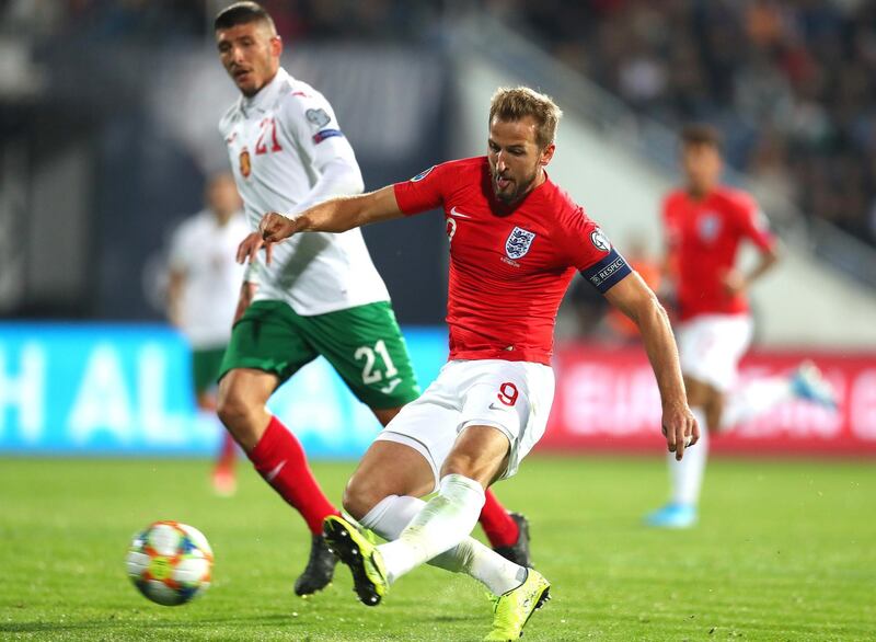 SOFIA, BULGARIA - OCTOBER 14: Harry Kane of England scores his sides sixth goal during the UEFA Euro 2020 qualifier between Bulgaria and England on October 14, 2019 in Sofia, Bulgaria. (Photo by Catherine Ivill/Getty Images)