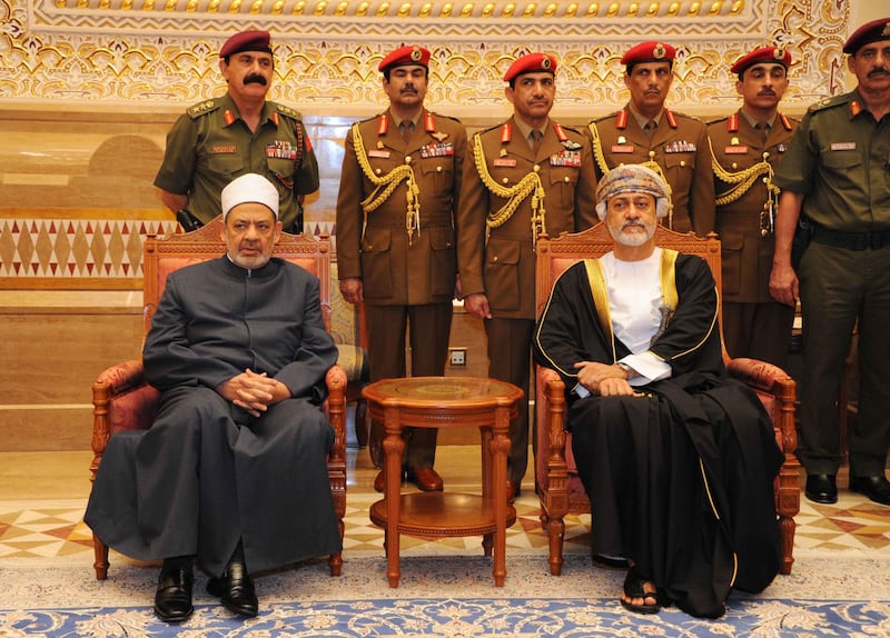 Sultan Haitham bin Tariq receives the Grand Imam of Egypt’s Al Azhar mosque Dr Ahmed Al Tayeb in the capital Muscat.  AFP