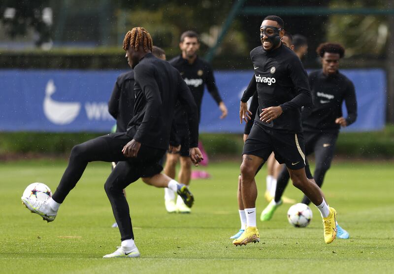 Chelsea's Pierre-Emerick Aubameyang wearing a protective face mask during training. PA