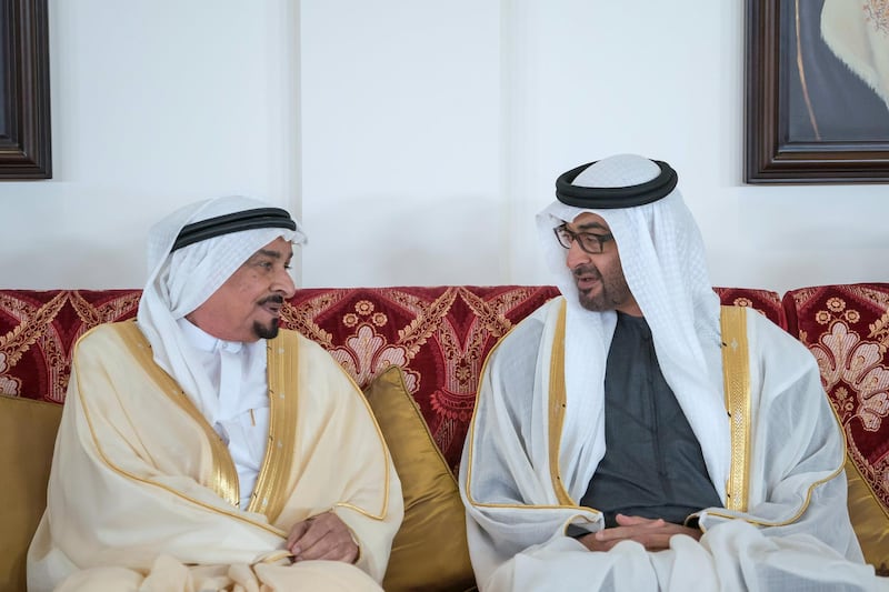ABU DHABI, UNITED ARAB EMIRATES - January 21, 2018: HH Sheikh Mohamed bin Zayed Al Nahyan Crown Prince of Abu Dhabi Deputy Supreme Commander of the UAE Armed Forces (R) and HH Sheikh Humaid bin Rashid Al Nuaimi, UAE Supreme Council Member and Ruler of Ajman (L), attend a mass wedding reception for HH Sheikh Mubarak bin Hamdan bin Mubarak Al Nahyan (not shown), HH Sheikh Mohamed bin Ahmed bin Hamdan Al Nahyan (not shown) and other grooms, at Majlis Al Bateen.

( Mohamed Al Hammadi / Crown Prince Court - Abu Dhabi )
---