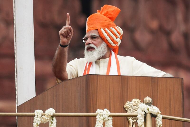 Indian Prime Minister Narendra Modi addresses the nation during Independence Day celebrations at the historic Red Fort in Delhi, India. Reuters