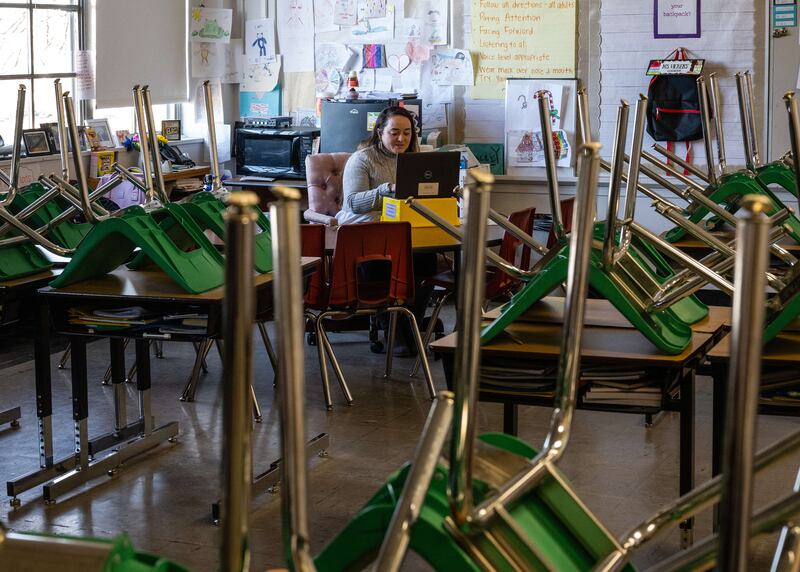 A teacher takes a class remotely at Hazelwood Elementary School in Louisville, Kentucky. Getty
