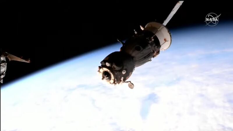 The damaged Russian Soyuz spacecraft separates from the International Space Station. Nasa TV