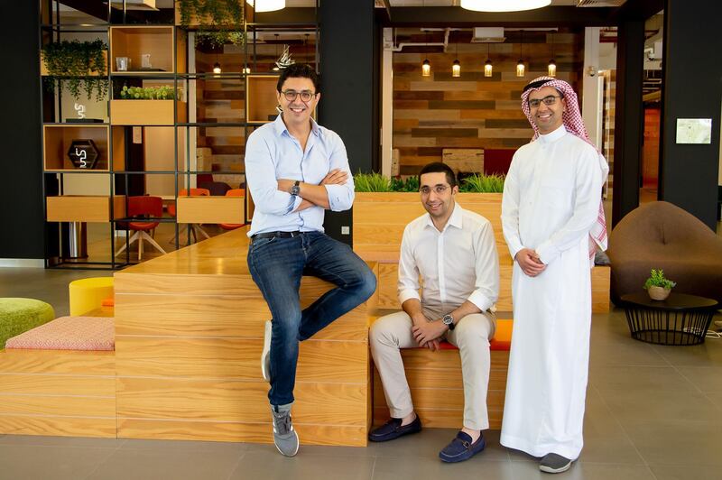 Eyewa's founders, from left, Anass Boumediene and Mehdi Oudghiri with Abdullah Al Rugaib, managing director of the online eyewear retailer in Saudi Arabia. Eyewa