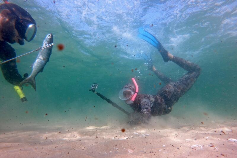 Photographer Mohammed Asad dives under the water with Palestinian spear-fisherman in the Mediterranean Sea off the coast of the southern Gaza Strip.  Reuters