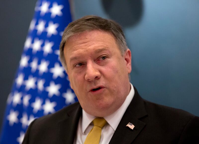 U.S. Secretary of State Mike Pompeo, speaks during a press conference with Saudi Arabia's Foreign Minister Adel al-Jubeir, at the Royal Terminal of King Khaled airport, in Riyadh, Saudi Arabia, Sunday, April 29, 2018. Pompeo is using the Middle East leg of his first trip abroad as America's top diplomat to call for concerted international action to punish Iran for its missile programs. (AP Photo/Amr Nabil)