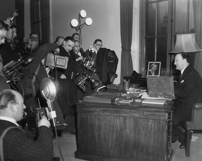 Rab Butler faces the cameras at the Treasury before his presentation of the Budget in 1953