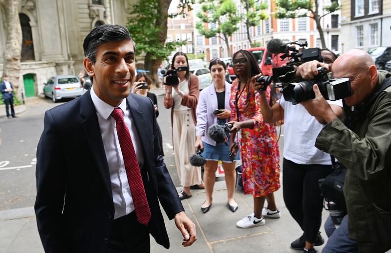 Former British chancellor Rishi Sunak arrives for a hustings event in central London. EPA