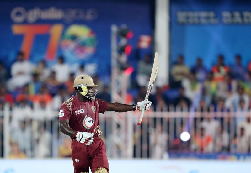 Sharjah, United Arab Emirates - December 02, 2018: Warriors' Rovman Powell makes 50 during the game between between Pakhtoons and Northern Warriors in the T10 final. Sunday the 2nd of December 2018 at Sharjah cricket stadium, Sharjah. Chris Whiteoak / The National