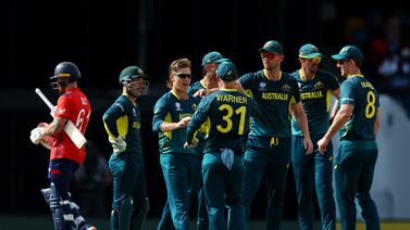Adam Zampa, third left, was named player of the match after taking figures of 2-28 for Australia against England. Reuters