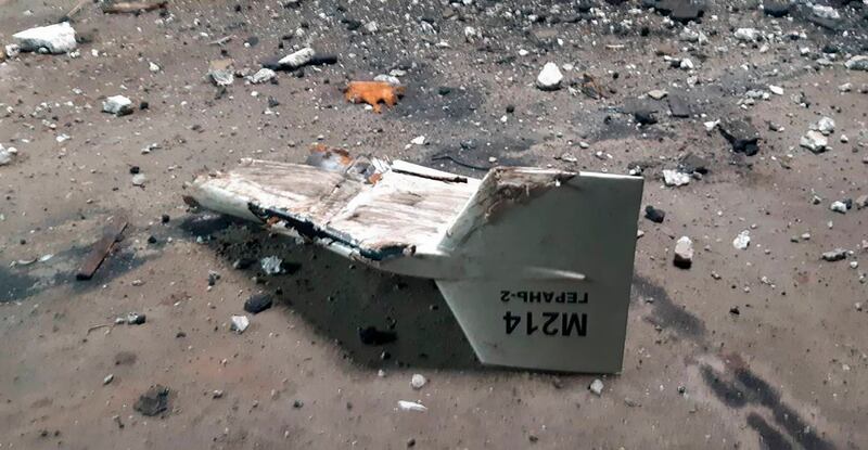 Wreckage of what Ukraine has described as an Iranian Shahed drone downed near Kupiansk, Ukraine. AP.