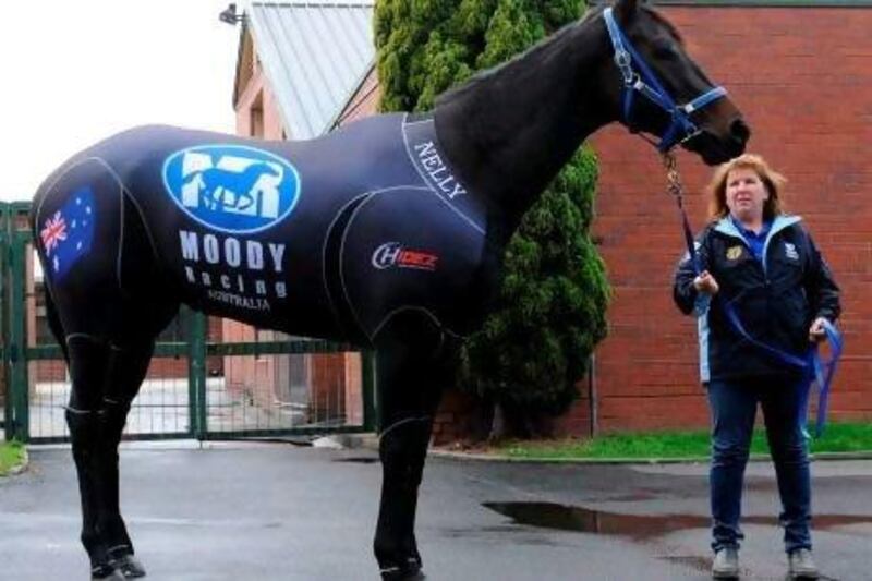 Strapper Donna Fisher paraded the unbeaten champion 'Black Caviar' in a pressure suit designed to increase blood circulation during flights. The mare, considered by Australians the "people's horse" arrived in England on Thursday.