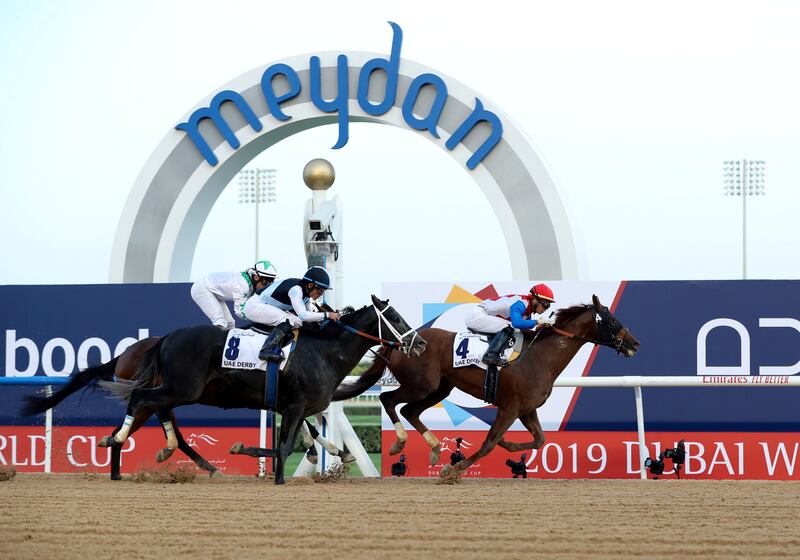 Dubai, United Arab Emirates - March 30, 2019: Plus Que Parfait ridden by Jose Ortiz wins the UAE Derby during the Dubai World Cup. Saturday the 30th of March 2019 at Meydan Racecourse, Dubai. Chris Whiteoak / The National