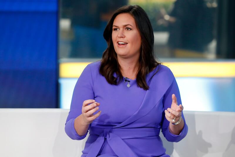 Fox News contributor Sarah Huckabee Sanders makes her first appearance on the "Fox & Friends" television program in New York, Friday, Sept. 6, 2019. Sanders has been hired to provide political commentary and analysis across all Fox News properties, including Fox News Channel, Fox Business Network and the radio and podcast division. (AP Photo/Richard Drew)