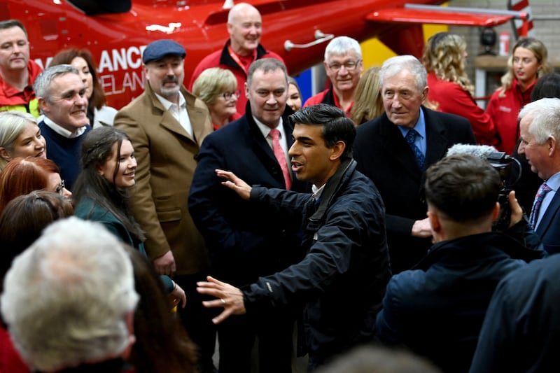 Rishi Sunak during a visit to Air Ambulance Northern Ireland at their headquarters in Lisburn. PA
