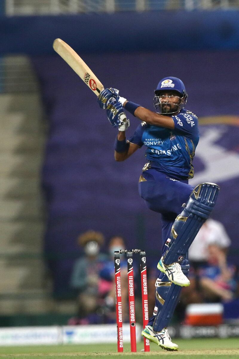 Krunal Pandya of Mumbai Indians plays a shot  during match 20 of season 13 of the Dream 11 Indian Premier League (IPL) between the Mumbai Indians and the Rajasthan Royals at the Sheikh Zayed Stadium, Abu Dhabi  in the United Arab Emirates on the 6th October 2020.  Photo by: Pankaj Nangia  / Sportzpics for BCCI
