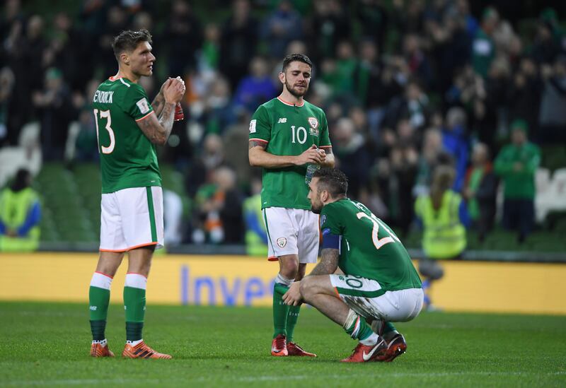 DUBLIN, IRELAND - NOVEMBER 14:  Jeff Hendrick of the Republic of Ireland and Shane Duffy of the Republic of Ireland look dejected after the FIFA 2018 World Cup Qualifier Play-Off: Second Leg between Republic of Ireland and Denmark at Aviva Stadium on November 14, 2017 in Dublin, Ireland.  (Photo by Mike Hewitt/Getty Images)