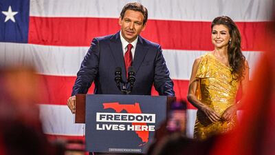 Florida Governor Ron DeSantis with his wife Casey DeSantis speaks during an election night watch party in Tampa on Wednesday. AFP
