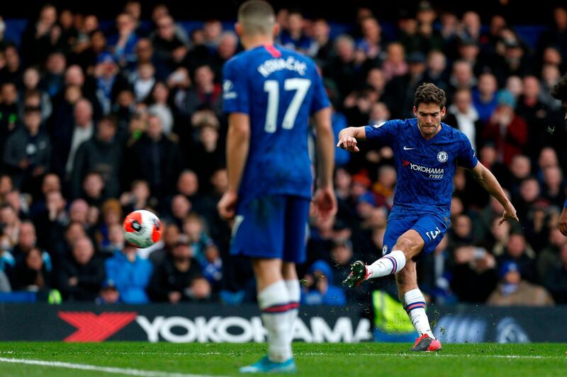 Chelsea's Marcos Alonso scores his side's second goal. AFP