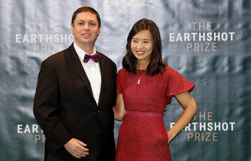 Boston Mayor Michelle Wu and husband Conor Pewarski arrive for the ceremony. Reuters
