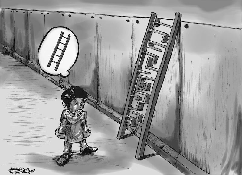 A child stands staring at the wall where a ladder with scrambled steps blocks his way. His features are slumped in despair. The message from this simple sketch is clear: dreams don’t flourish here, the path ahead is barred.