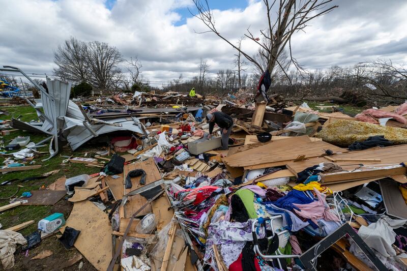 The trail of destruction left by a tornado in Sullivan, Indiana. AP