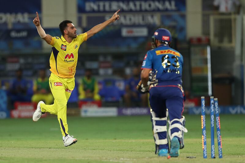 Deepak Chahar of Chennai Super Kings celebrates the wicket of Anmolpreet Singh. SPORTZPICS for BCCI