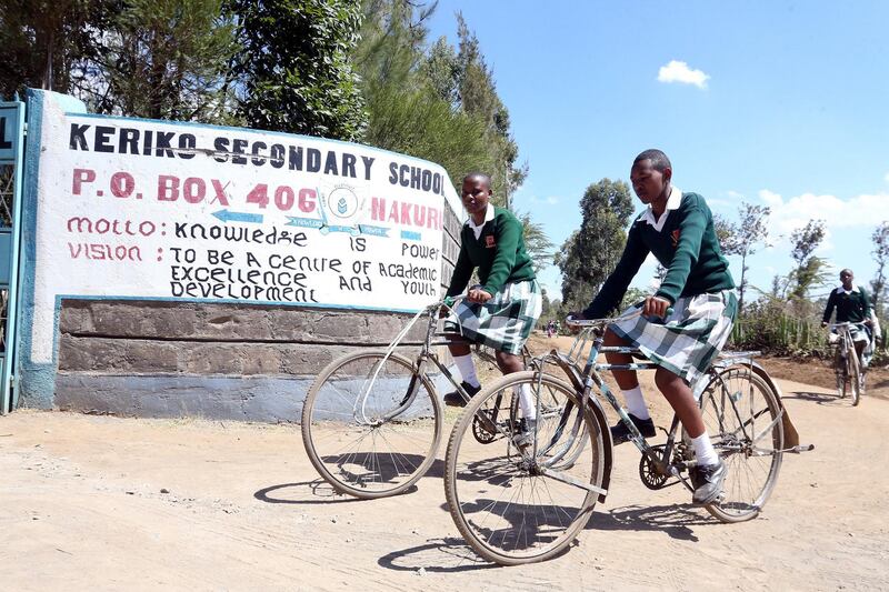 Students of Keriko Secondary School ride to school to celebrate with Peter Mokaya Tabichi a Kenyan science teacher and Franciscan friar at the Keriko Mixed Day Secondary School in Pwani Village of Njoro,  Nakuru County,  located 185 km from the capital city of Nairobi in Kenya on the 30th March 2019 during his home coming reception.  Tabichi won the Global teacher award last week. Photo/Fredrick Omondi/Kenya