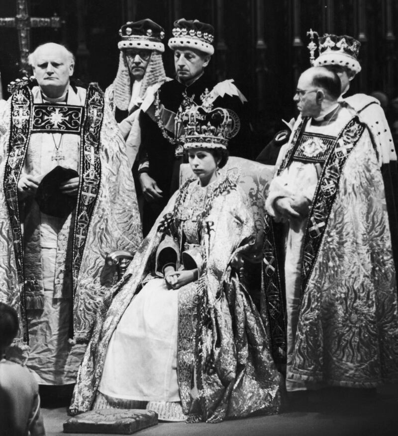 June 2,1953: Crowned Queen Elizabeth II by Archbishop of Canterbury Dr Geoffrey Fisher at Westminster Abbey. Getty